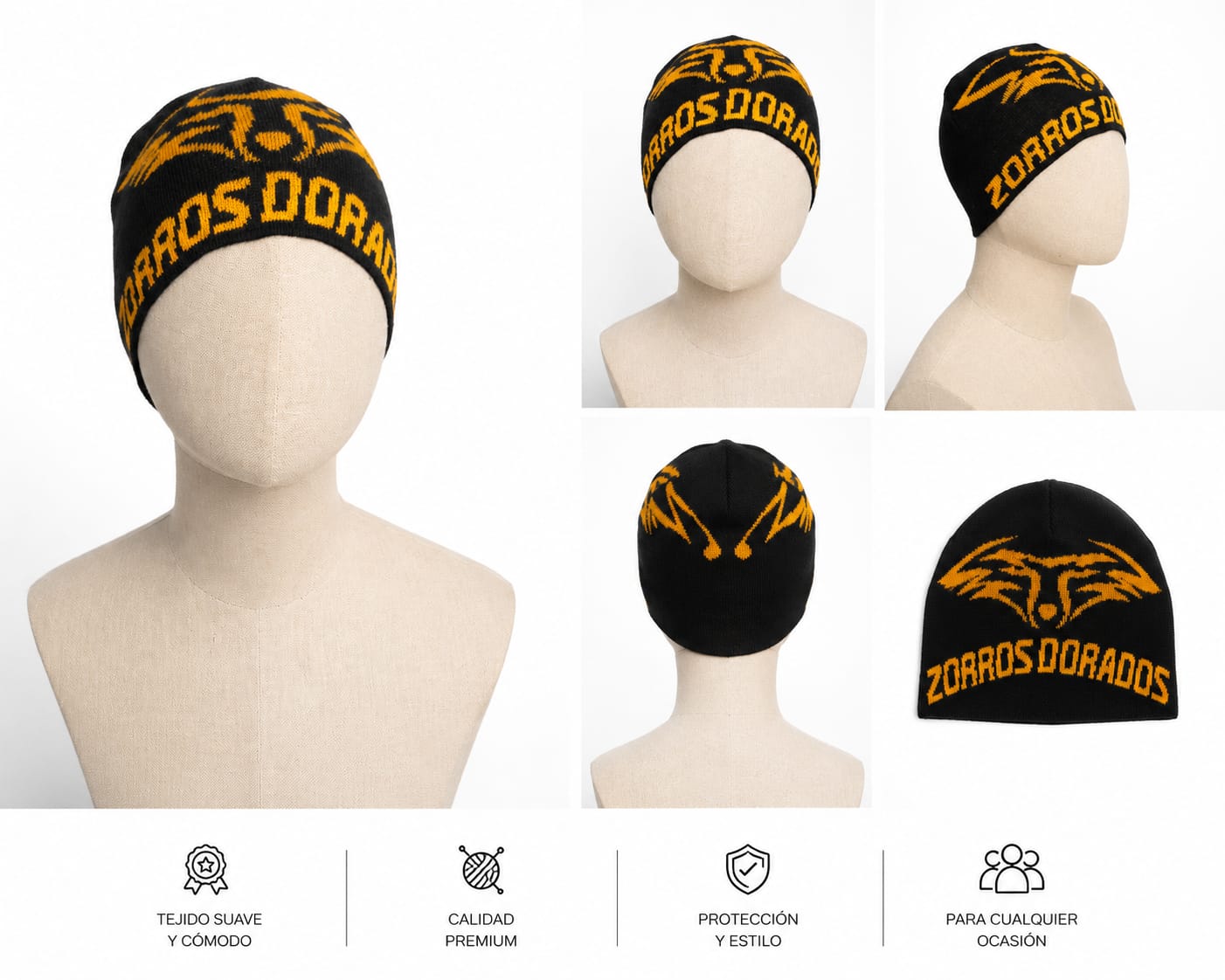 Gorros tejidos con mascota escolar bordada
