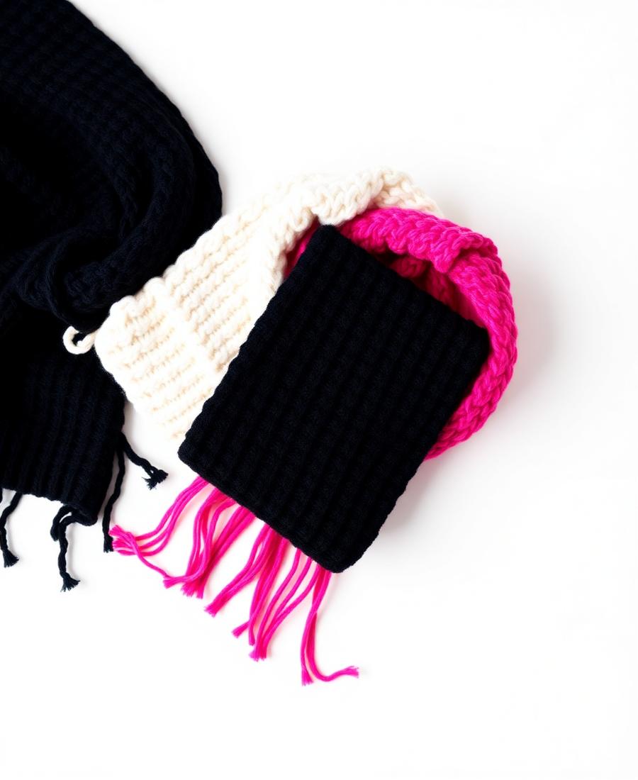 Bufandas tejidas en negro, blanco y fucsia