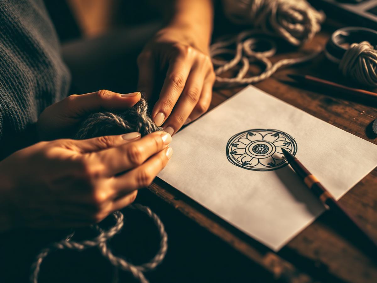 Manos trabajando con hilo junto a un boceto de diseño