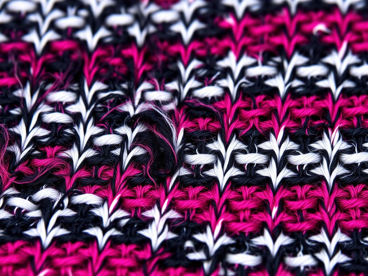 Detalle macro de tejido en negro, blanco y fucsia